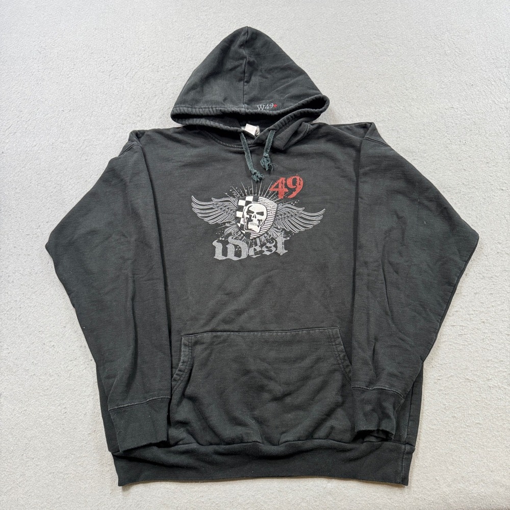 Y2K West 49 Hoodie Men's Large Black Fleece Pullover Skater Grunge Streetwear